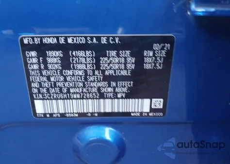 2021 Honda Hr-V Awd Sport из США, поврежденный, VIN 3CZRU6H19MM728652